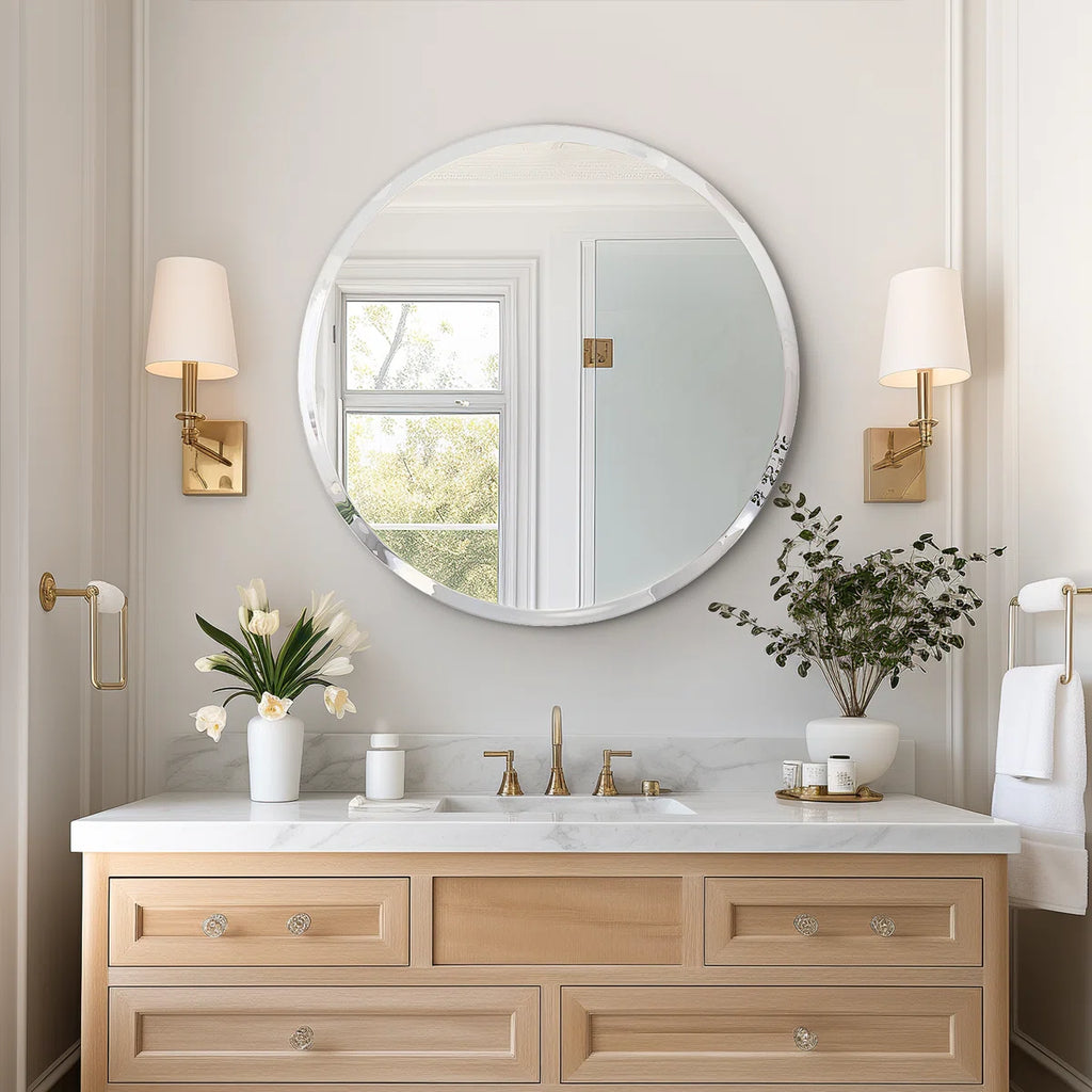 Modern Frameless Round Bathroom Mirror 30 Inch, Beveled Edge Circle Vanity Mirror for Wall Decor, Elegant Bathroom, Living Room & Entryway