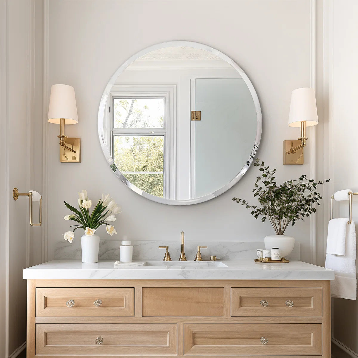 Modern Frameless Round Bathroom Mirror 30 Inch, Beveled Edge Circle Vanity Mirror for Wall Decor, Elegant Bathroom, Living Room & Entryway