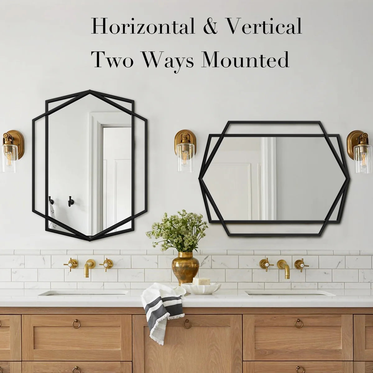 Hexagon Black Metal Framed Wall Mirror, Geometric Bathroom Vanity Mirror for Over Sink, Horizontal or Vertical Hanging Accent Mirror for Entryway, Bedroom & Living Room