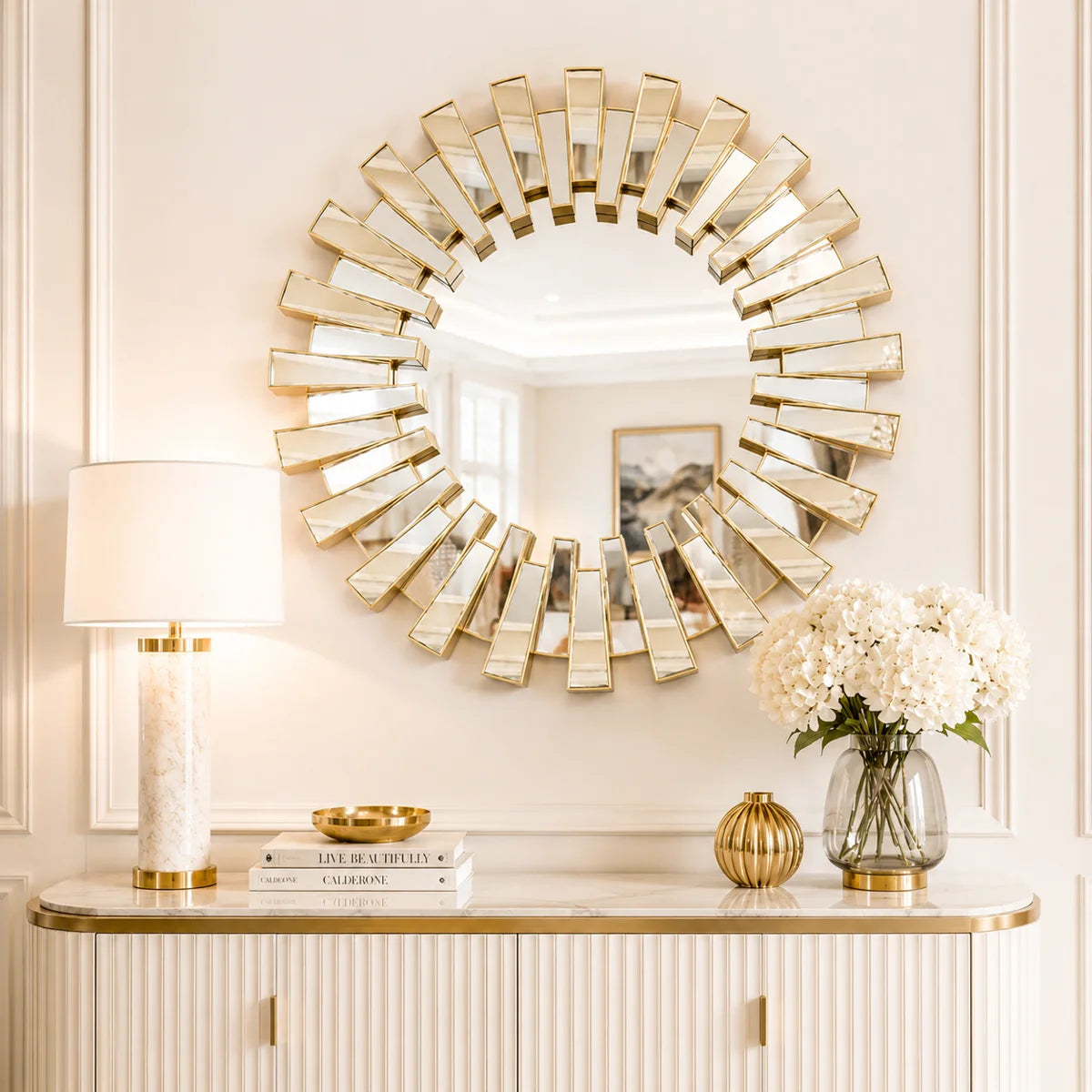 Round Gold Sunburst Wall Mirror 66 cm – Decorative Vintage Style Accent for Living Room or Entryway