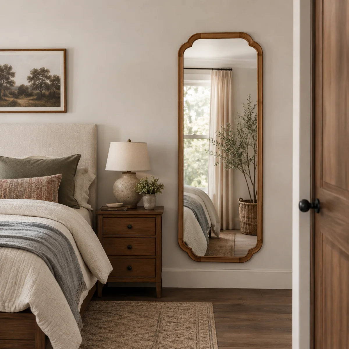 Arched Solid Pine Wood Wall Mirror with Tempered Glass – Farmhouse Bathroom Vanity Mirror