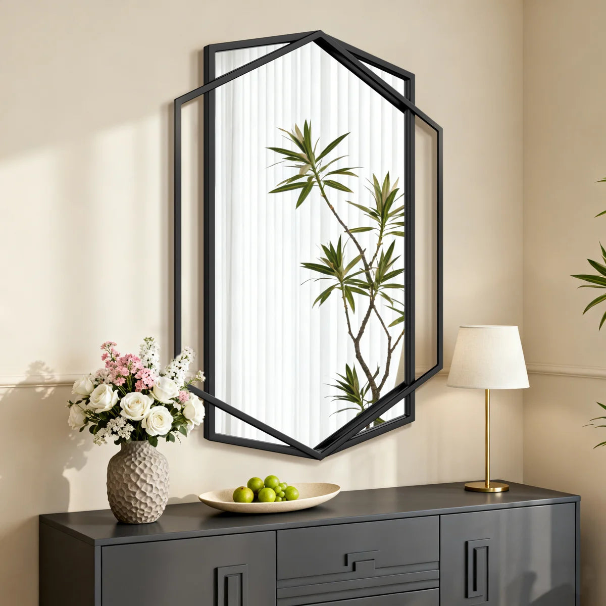 Hexagon Black Metal Framed Wall Mirror, Geometric Bathroom Vanity Mirror for Over Sink, Horizontal or Vertical Hanging Accent Mirror for Entryway, Bedroom & Living Room
