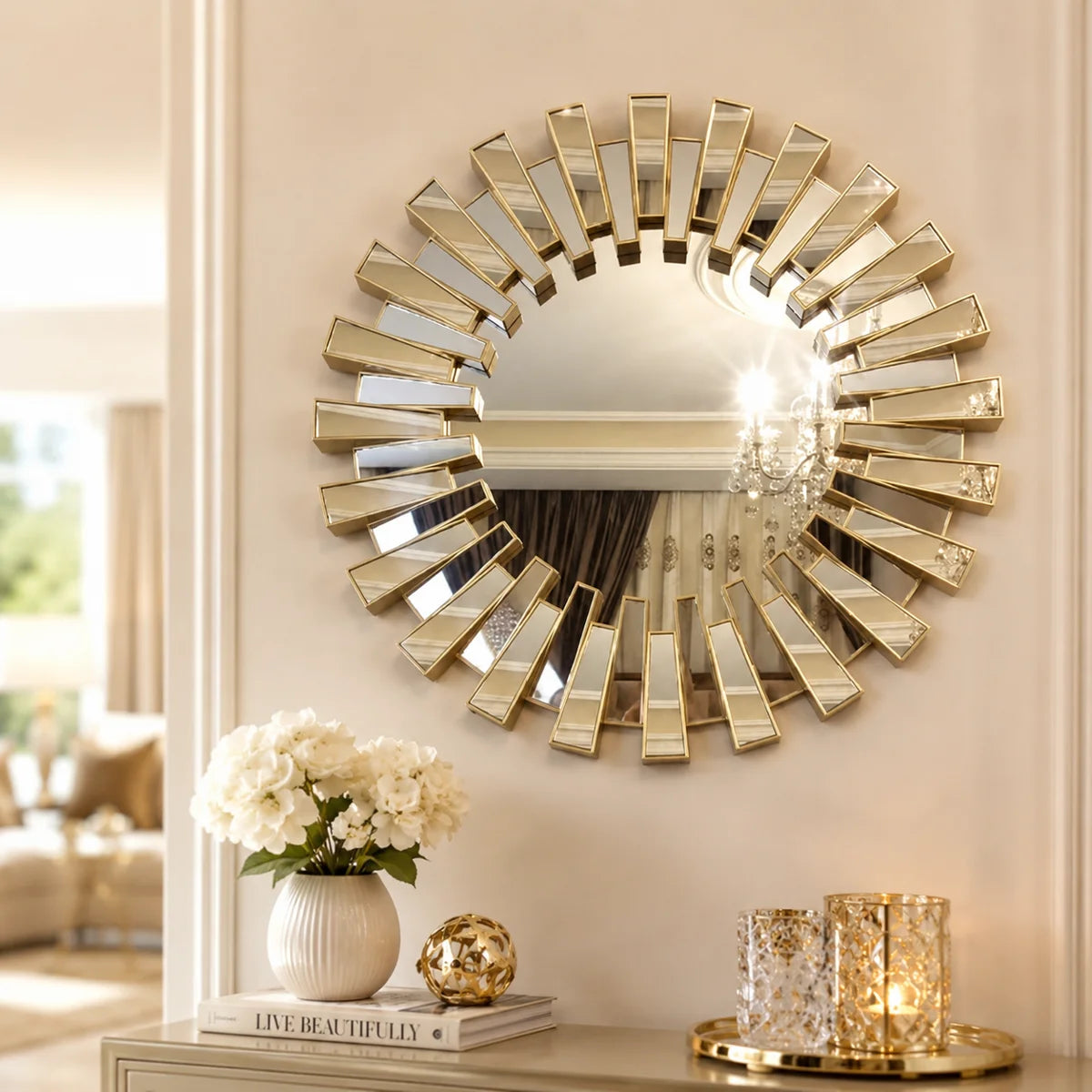 Round Gold Sunburst Wall Mirror 66 cm – Decorative Vintage Style Accent for Living Room or Entryway