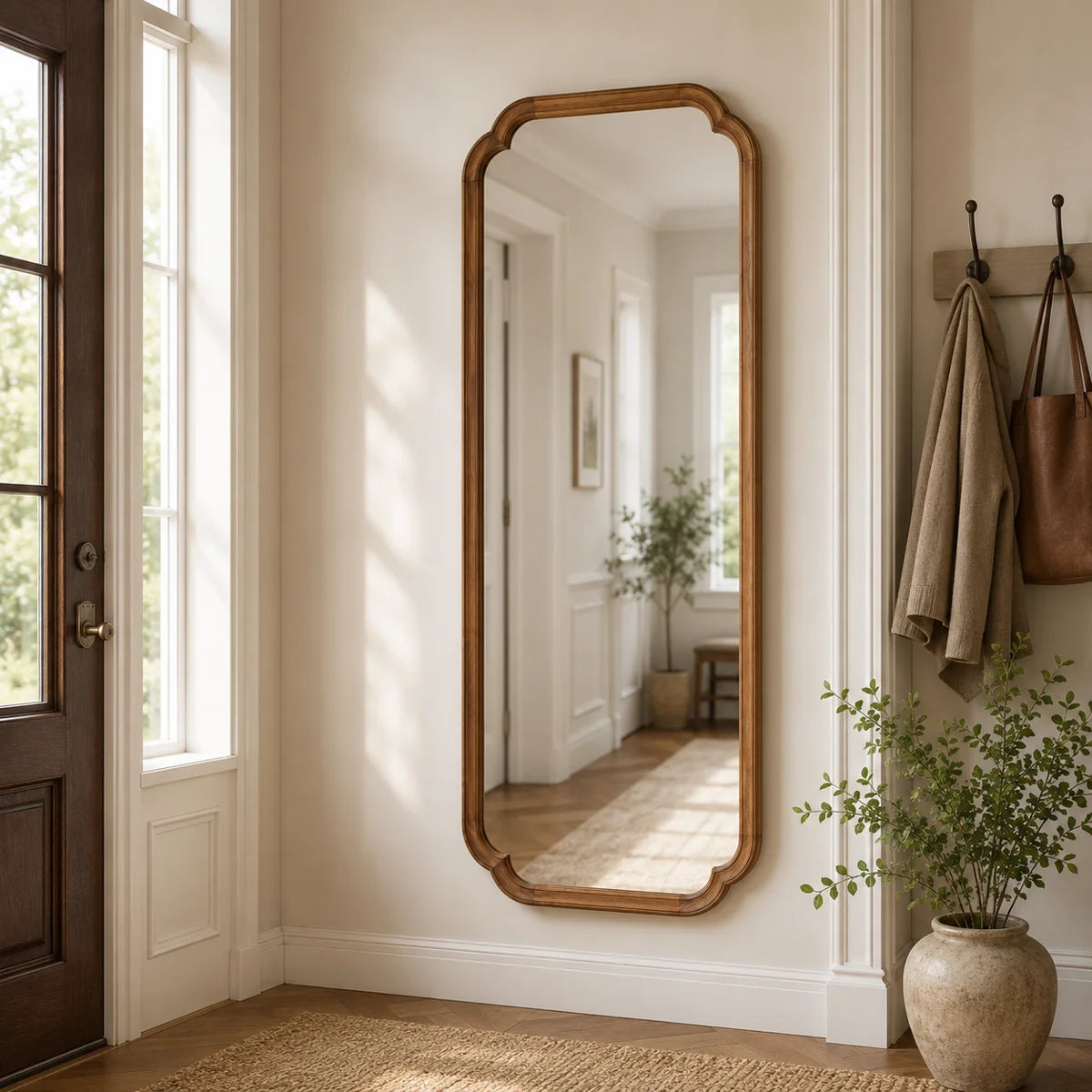 Arched Solid Pine Wood Wall Mirror with Tempered Glass – Farmhouse Bathroom Vanity Mirror