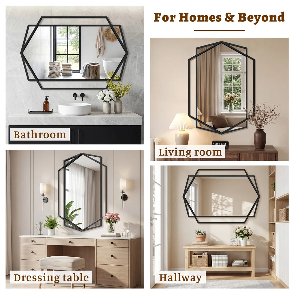Hexagon Black Metal Framed Wall Mirror, Geometric Bathroom Vanity Mirror for Over Sink, Horizontal or Vertical Hanging Accent Mirror for Entryway, Bedroom & Living Room