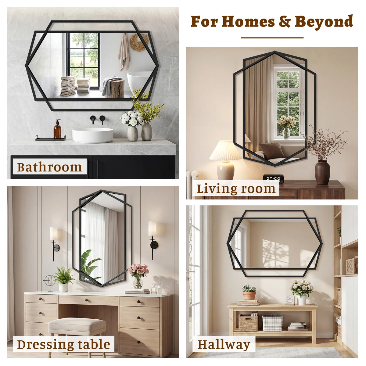 Hexagon Black Metal Framed Wall Mirror, Geometric Bathroom Vanity Mirror for Over Sink, Horizontal or Vertical Hanging Accent Mirror for Entryway, Bedroom & Living Room
