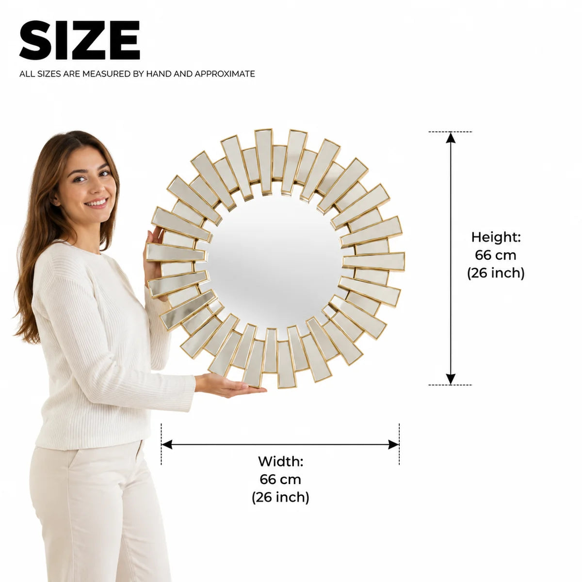 Round Gold Sunburst Wall Mirror 66 cm – Decorative Vintage Style Accent for Living Room or Entryway