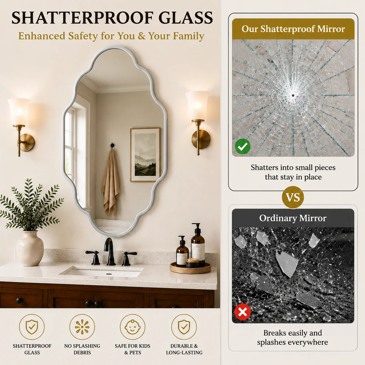 26" x 46" Silver Oval Bathroom Vanity Mirror, Aluminum Frame, 4mm HD Shatterproof Glass, Wall Mounted Vertical & Horizontal