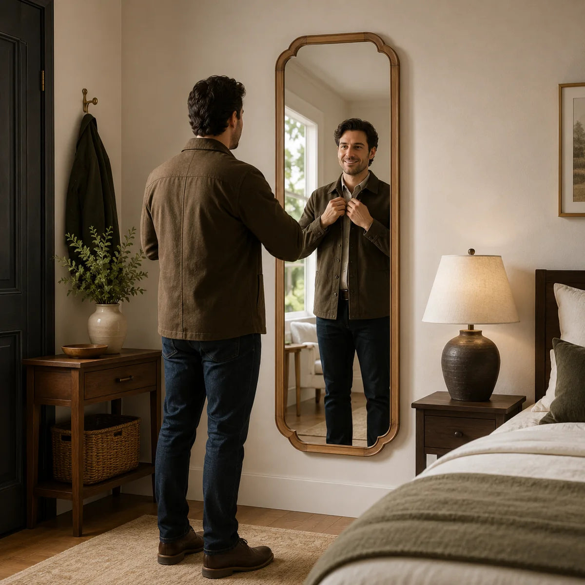 Arched Solid Pine Wood Wall Mirror with Tempered Glass – Farmhouse Bathroom Vanity Mirror