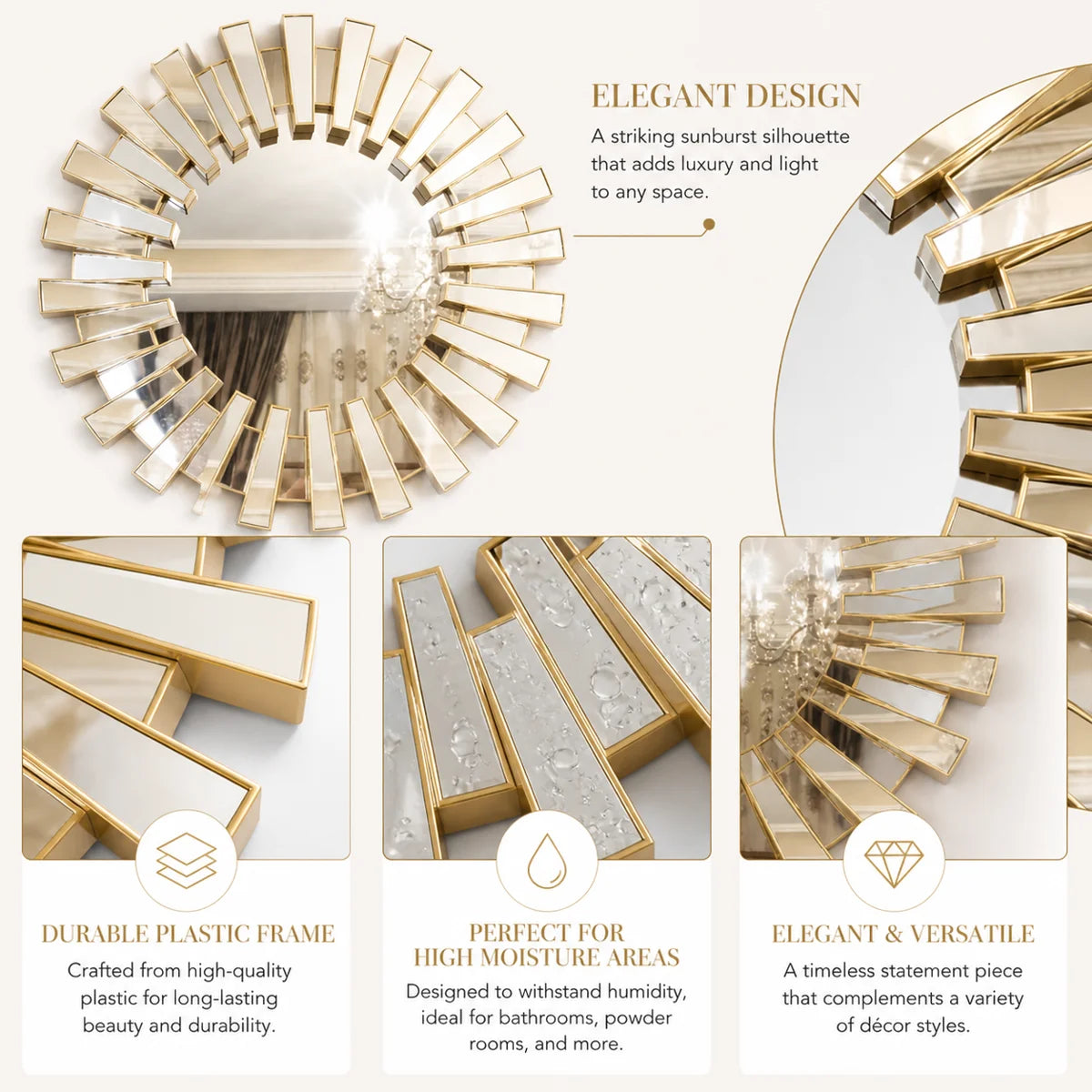 Round Gold Sunburst Wall Mirror 66 cm – Decorative Vintage Style Accent for Living Room or Entryway