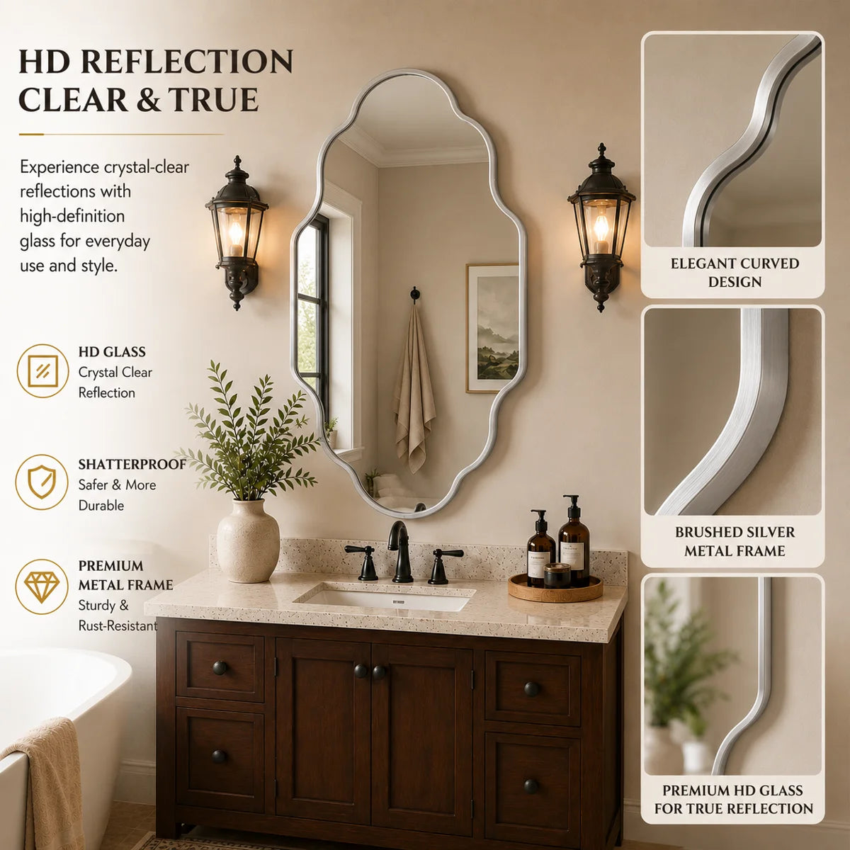 26" x 46" Silver Oval Bathroom Vanity Mirror, Aluminum Frame, 4mm HD Shatterproof Glass, Wall Mounted Vertical & Horizontal