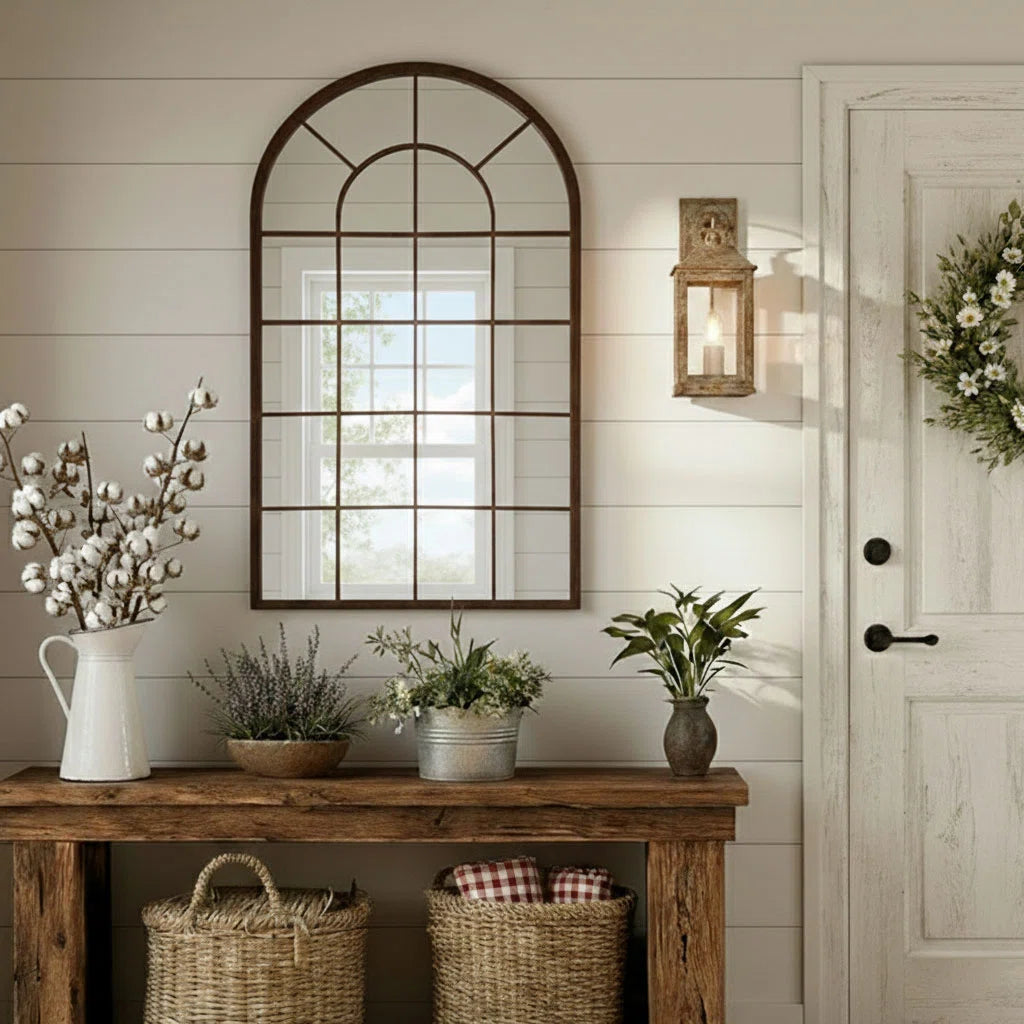 Rustic Iron Frame Windowpane Wall Mirror 43"L x 25"W