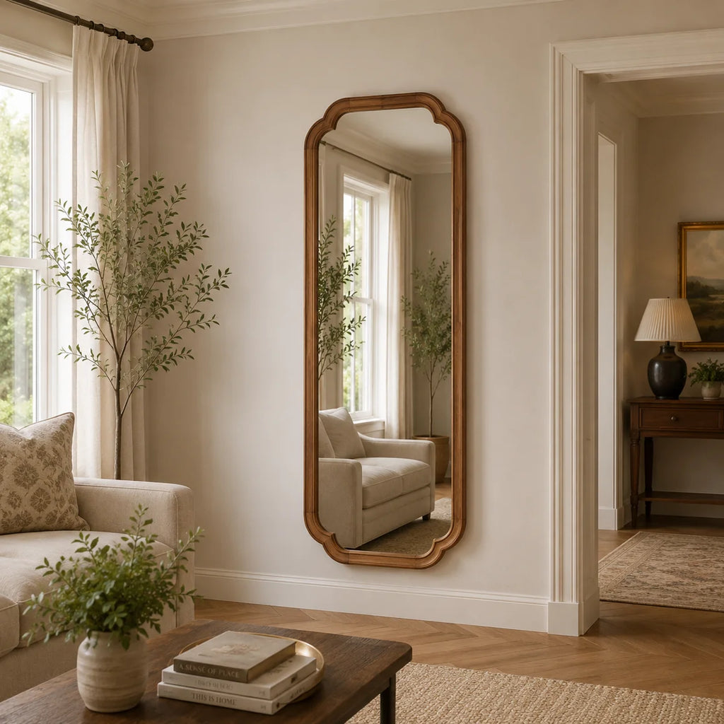 Arched Solid Pine Wood Wall Mirror with Tempered Glass – Farmhouse Bathroom Vanity Mirror