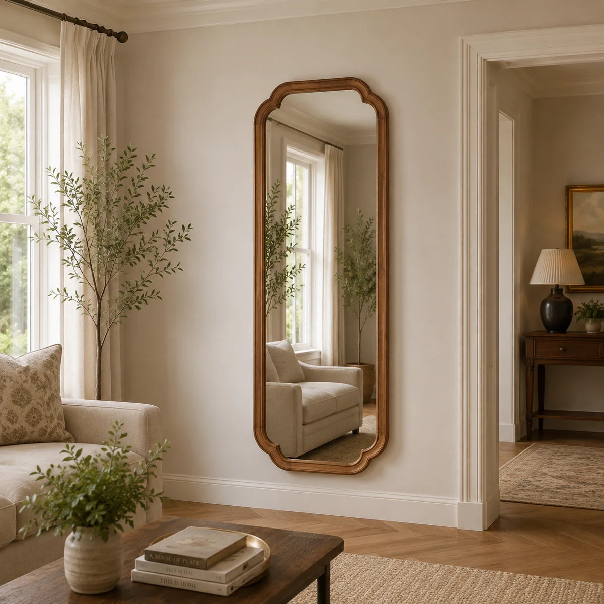 Arched Solid Pine Wood Wall Mirror with Tempered Glass – Farmhouse Bathroom Vanity Mirror