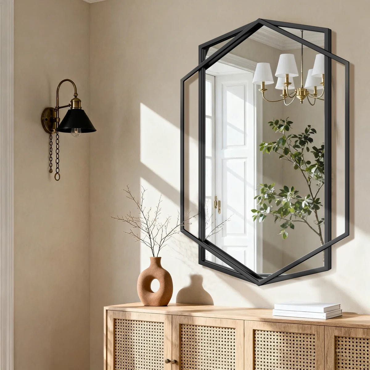 Hexagon Black Metal Framed Wall Mirror, Geometric Bathroom Vanity Mirror for Over Sink, Horizontal or Vertical Hanging Accent Mirror for Entryway, Bedroom & Living Room