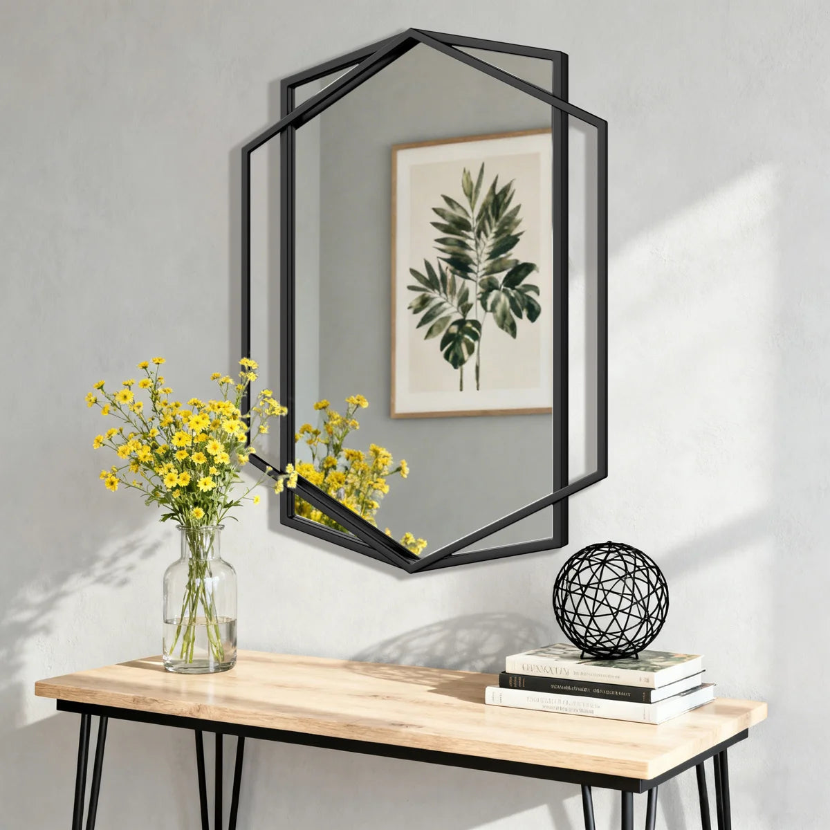 Hexagon Black Metal Framed Wall Mirror, Geometric Bathroom Vanity Mirror for Over Sink, Horizontal or Vertical Hanging Accent Mirror for Entryway, Bedroom & Living Room