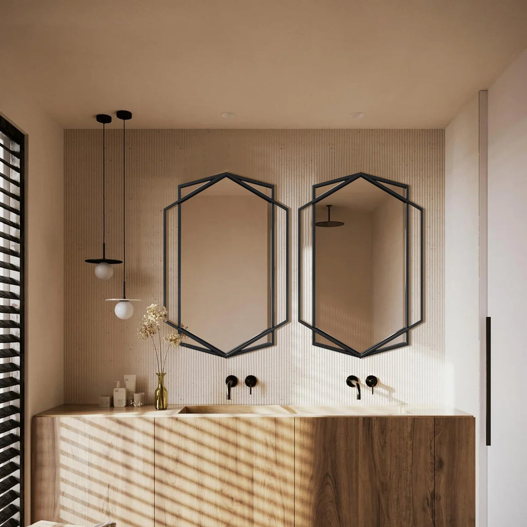Hexagon Black Metal Framed Wall Mirror, Geometric Bathroom Vanity Mirror for Over Sink, Horizontal or Vertical Hanging Accent Mirror for Entryway, Bedroom & Living Room