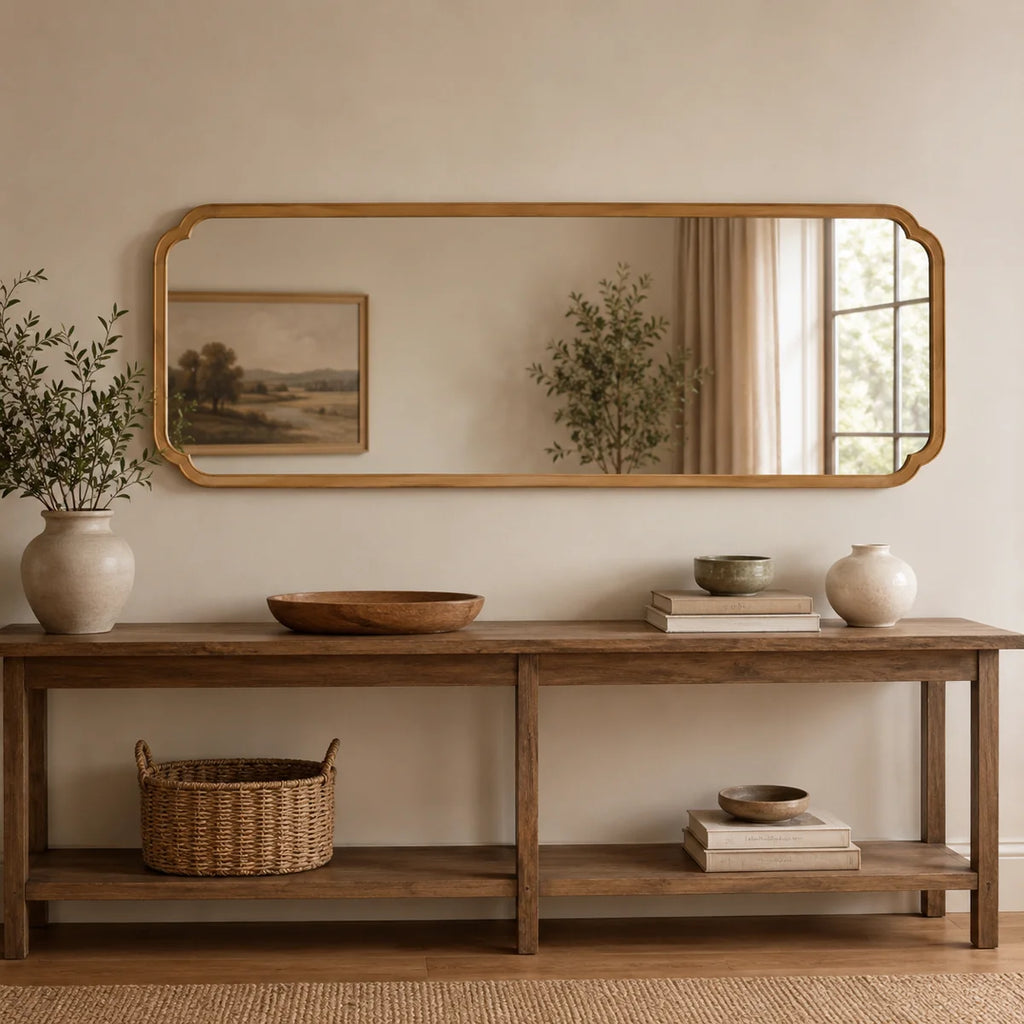 Arched Solid Pine Wood Wall Mirror with Tempered Glass – Farmhouse Bathroom Vanity Mirror