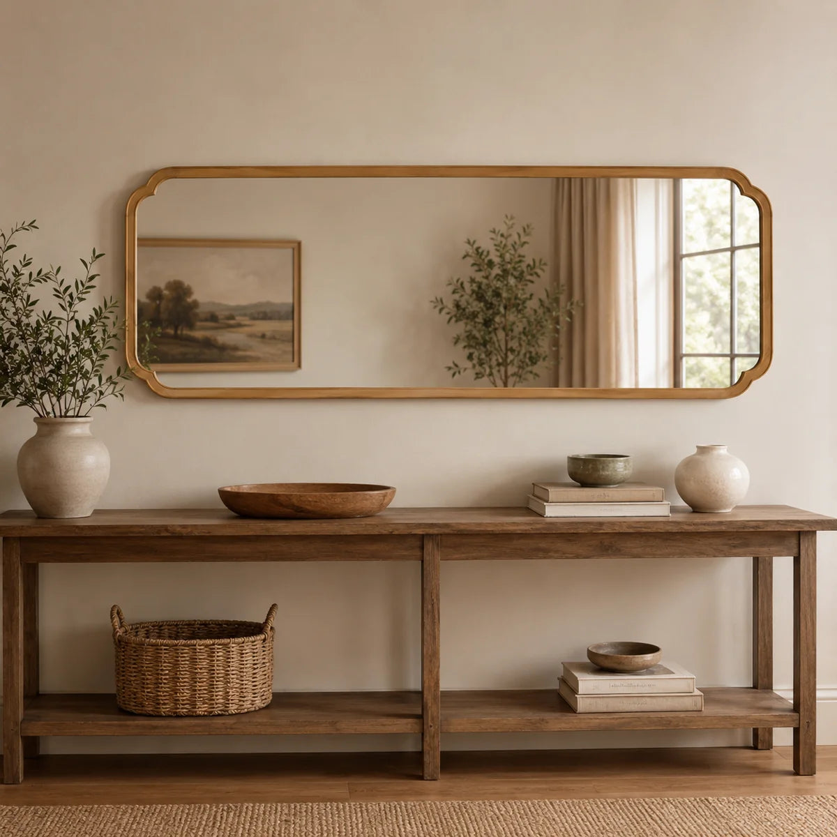 Arched Solid Pine Wood Wall Mirror with Tempered Glass – Farmhouse Bathroom Vanity Mirror