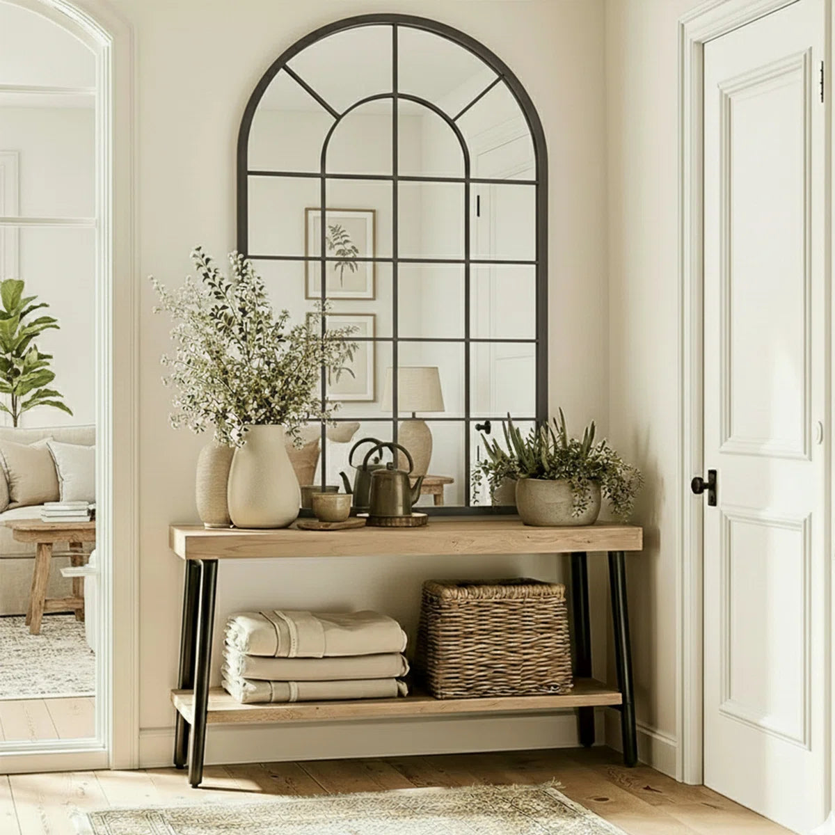Rustic Iron Frame Windowpane Wall Mirror 43"L x 25"W
