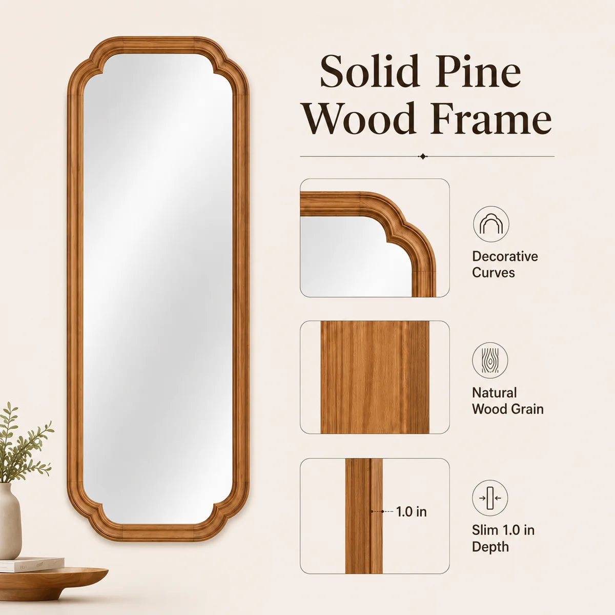 Arched Solid Pine Wood Wall Mirror with Tempered Glass – Farmhouse Bathroom Vanity Mirror