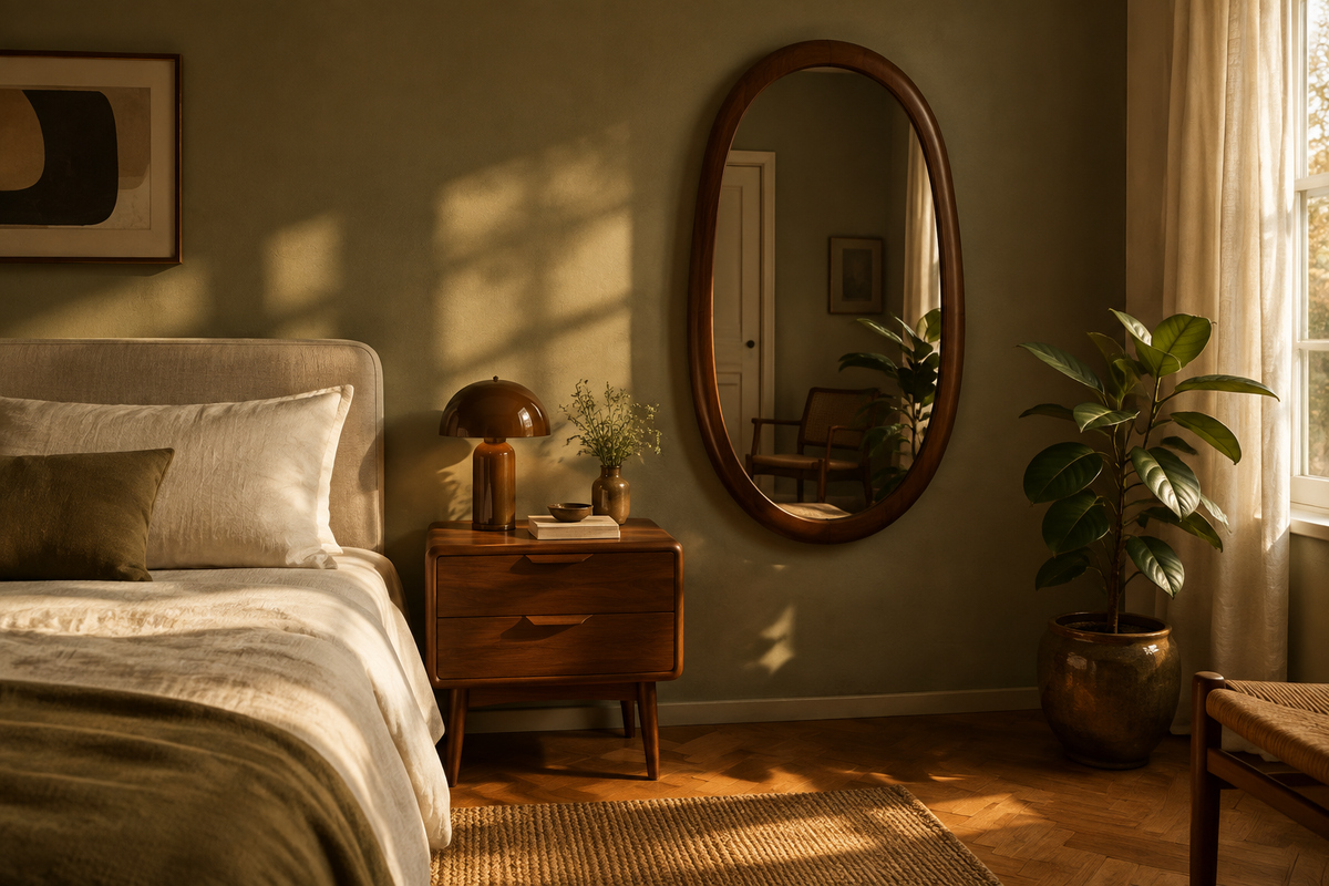 Vintage oval mirror bedroom scene